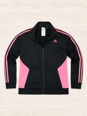 Adidas Girls Black Pink 3-Stripes Tricot Zip-Up Track Jacket Sz M
